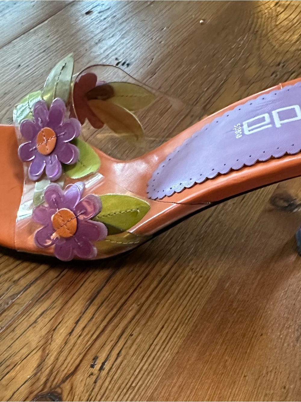 Floral Clear Strap Orange Sandals with Purple Accents. Beautiful Barbi colors! - Picture 3 of 6